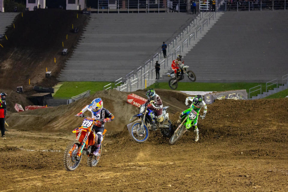 Jo Shimoda #30 and Haiden Deegan #238 collect while battling at the final SMX round in Los Angeles. <p>Photo Courtesy of Align Media</p>