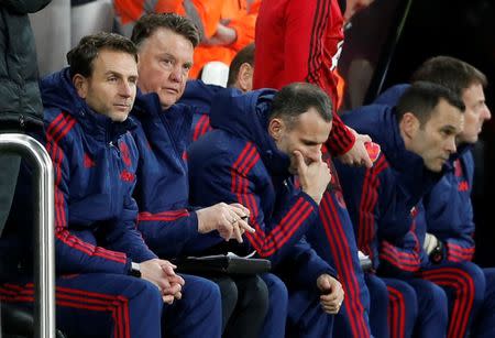 Manchester United manager Louis van Gaal and assistant manager Ryan Giggs look dejected. Newcastle United v Manchester United - Barclays Premier League - St James' Park - 12/1/16. Action Images via Reuters / Carl Recine Livepic