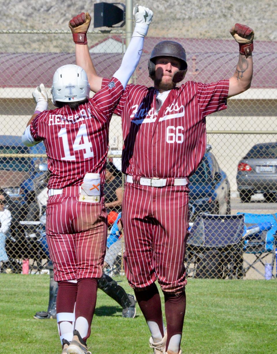 Riverside Prep's Cayden Johnson, right, celebrates with teammate Victor Herrera during the second round of the CIF-Southern Section Division 5 playoffs on Tuesday, May 7, 2024.