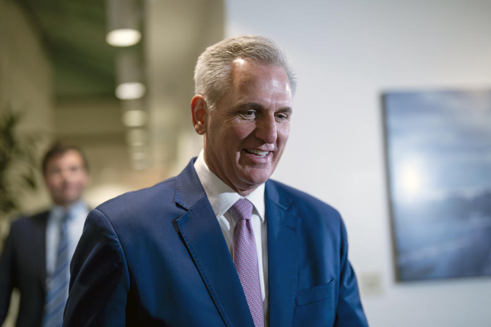 Speaker of the House Kevin McCarthy, R-Calif., leaves a gathering of the Republican Conference at the Capitol in Washington, Tuesday, June 6, 2023. McCarthy told reporters yesterday he would bring a contempt resolution against FBI Director Christopher Wray to the floor if it passes the committee. (AP Photo/J. Scott Applewhite)