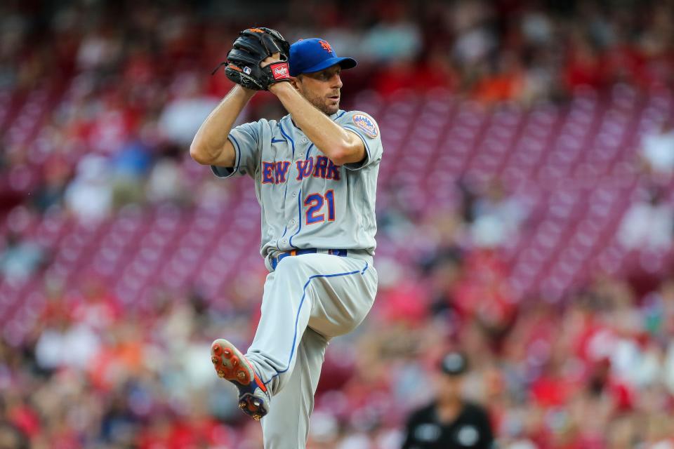 New York Mets starting pitcher Max Scherzer pitches during the second inning against the Cincinnati Reds at Great American Ball Park.