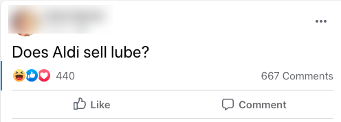 Screenshot of Aldi post 'does Aldi sell lube' with 440 'likes' and 667 comments