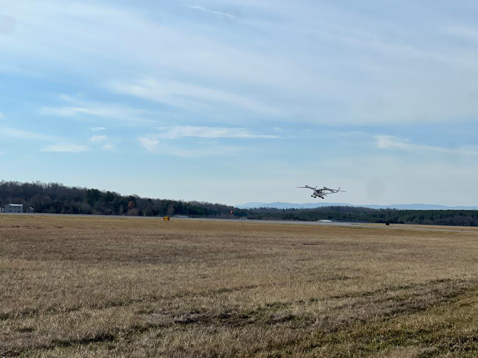 The BETA Alia all-electric aircraft takes off.