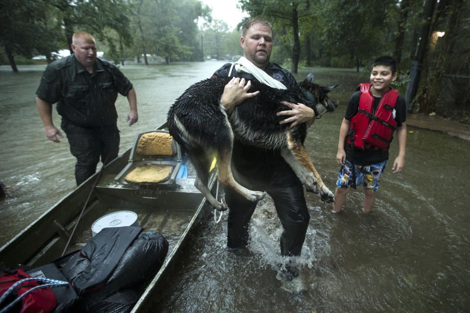 Splendora Police officer Mike Jones carries Ramiro Lopez Jr.'s dog, Panthea, from a boat after the officers rescued the family from their flooded neighborhood as rains from Tropical Depression Imelda inundated the area, Thursday, Sept. 19, 2019, in Splendora, Texas. (Brett Coomer/Houston Chronicle via AP)