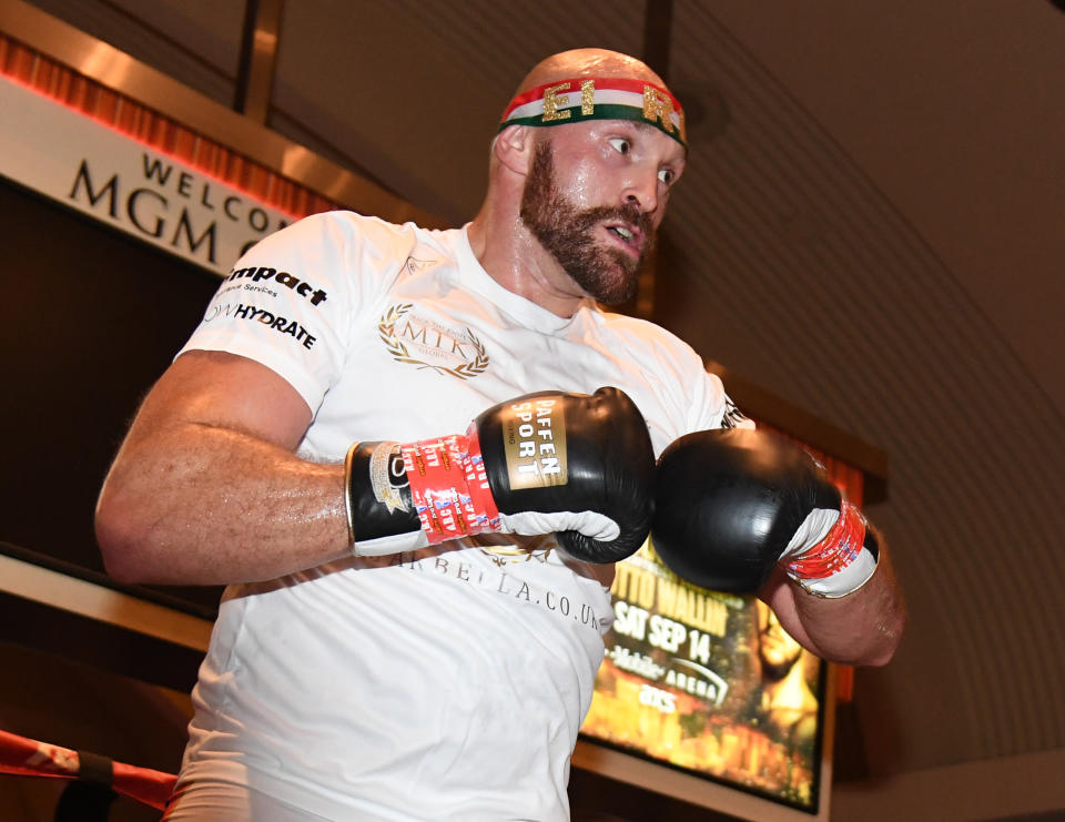 LAS VEGAS, NEVADA - SEPTEMBER 10:  Boxer Tyson Fury works out at MGM Grand Hotel & Casino on September 10, 2019 in Las Vegas, Nevada. Fury will face Otto Wallin in a heavyweight bout on September 14 at T-Mobile Arena in Las Vegas.  (Photo by Ethan Miller/Getty Images)