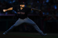 Boston Red Sox starting pitcher Nathan Eovaldi (17) throws during the second inning of a baseball game against the Los Angeles Angels Tuesday, July 6, 2021, in Anaheim, Calif. (AP Photo/Ashley Landis)