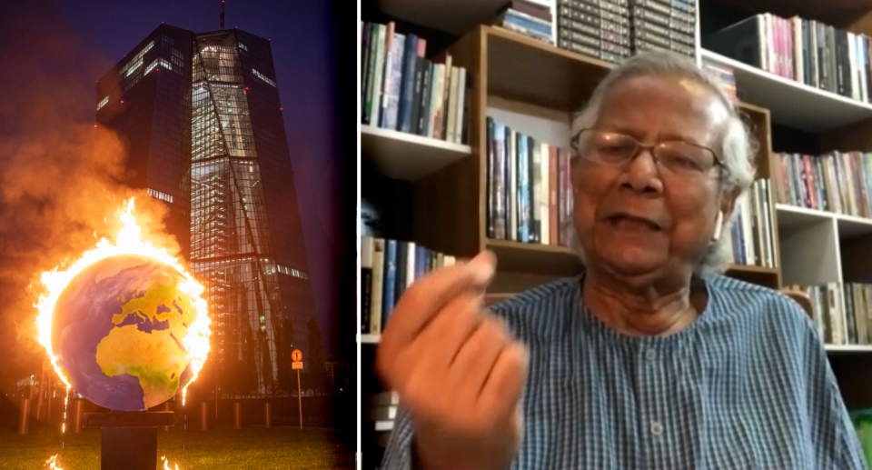 Left - A burning globe of the Earth in front of a building. Right - screenshot of Professor Yunus.