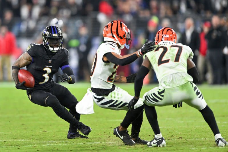 Wide receiver Odell Beckham Jr. (3), who missed the 2022 season because of a torn ACL, totaled 565 yards on 64 catches last season for the Baltimore Ravens. File Photo by David Tulis/UPI