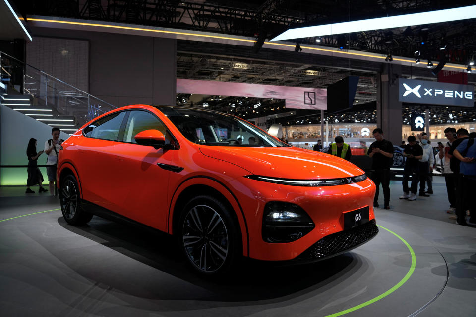 An Xpeng G6 electric SUV is displayed at the Auto Shanghai show, in Shanghai, China April 18, 2023. REUTERS/Aly Song