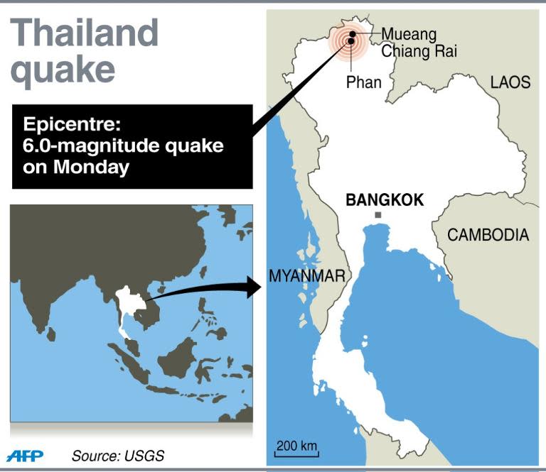 Map of Thailand locating the epicentre of a 6.0-magnitude quake that struck on Monday