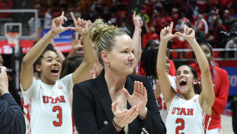 Utah Utes head coach Lynne Roberts and the Utes celebrate the win over the Princeton Tigers in the second round of the NCAA tournament in Salt Lake City on Sunday, March 19, 2023.