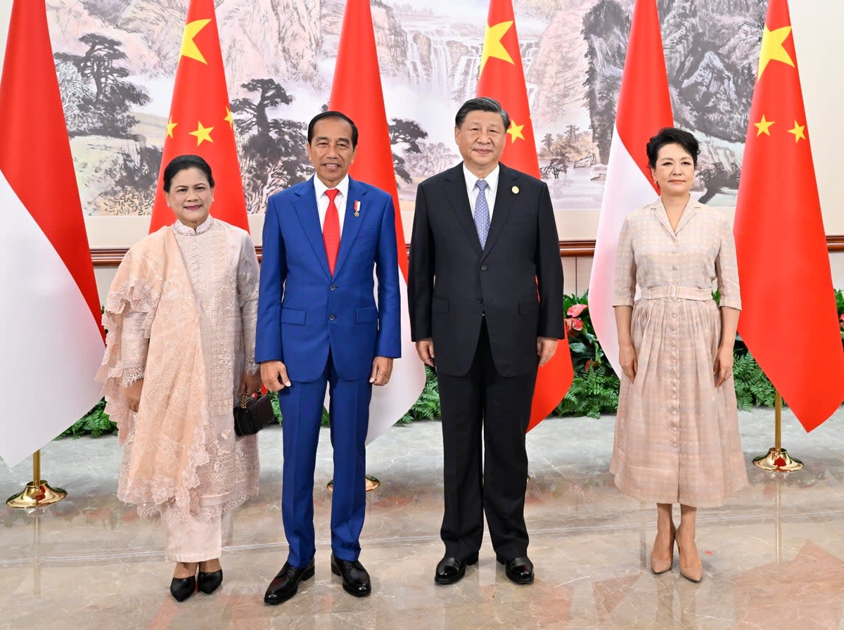 Chinese President Xi Jinping poses for a photo with his Indonesian counterpart Joko Widodo in Chengdu (EPA)