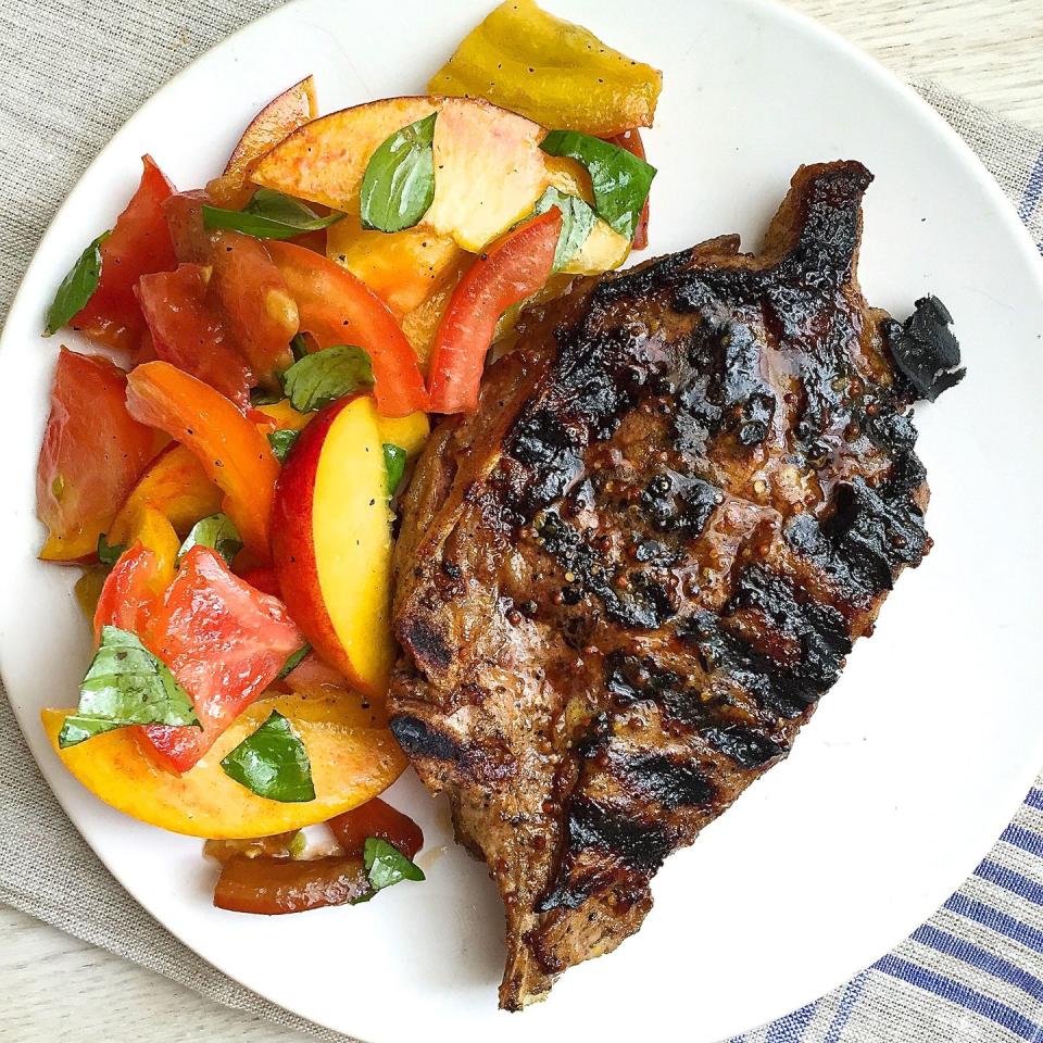 Dijon Grilled Pork Chops with Heirloom Tomato and Peach Salad