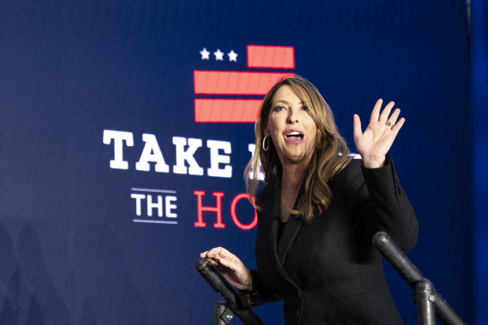 FILE - Republican National Committee chair Ronna McDaniel arrives on stage before House Minority Leader Kevin McCarthy of Calif., speaks at an event on Nov. 9, 2022, in Washington. The race for RNC chair will be decided on Friday by secret ballot as Republican officials from all 50 states gather in Southern California. McDaniel is fighting for reelection against rival Harmeet Dhillon, one of former President Donald Trump’s attorneys. (AP Photo/Alex Brandon, File)