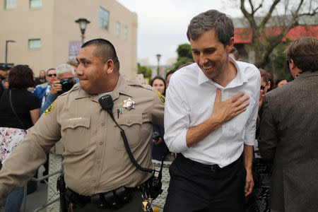 U.S. Democratic presidential candidate Beto O'Rourke reacts after greeting supporters after a rally in Los Angeles, California, U.S., April 27, 2019. REUTERS/Lucy Nicholson