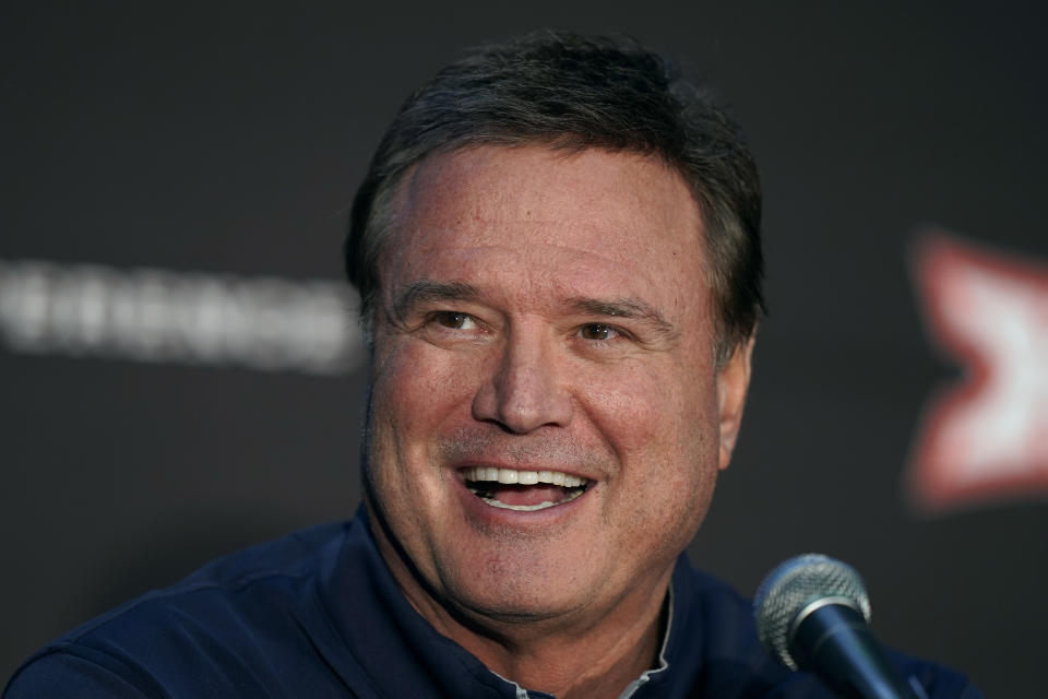 Kansas head coach Bill Self speaks to the media during Big 12 NCAA college basketball media day Wednesday, Oct. 19, 2022, in Kansas City, Mo. (AP Photo/Charlie Riedel)