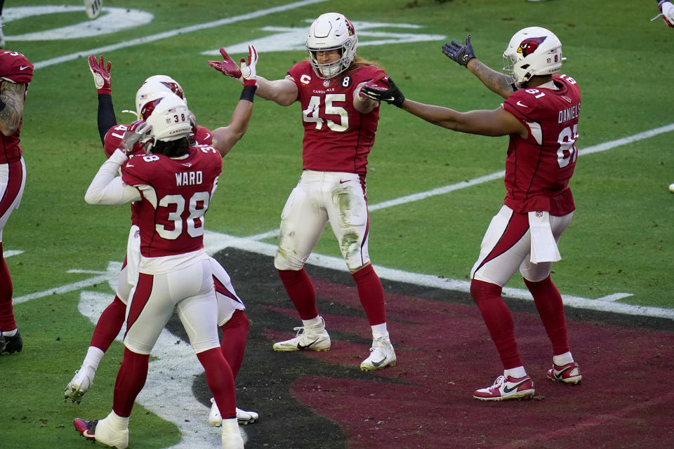 Arizona Cardinals linebacker Dennis Gardeck (45) celebrates his sack of Philadelphia Eagles quarterback Jalen Hurts during the first half of an NFL football game, Sunday, Dec. 20, 2020, in Glendale, Ariz. (AP Photo/Ross D. Franklin)