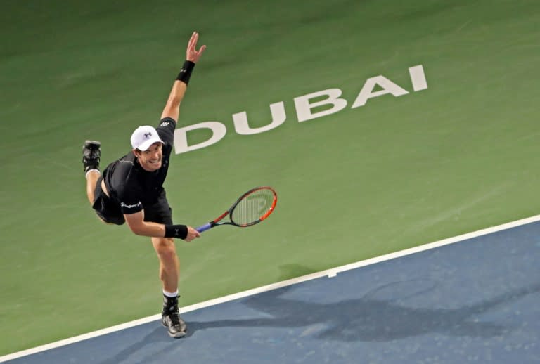 Britain's Andy Murray returns the ball to Malek Jaziri of Tunisia during their match at the Dubai Duty Free Tennis Championship on February 28, 2017