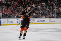 Anaheim Ducks right wing Brett Leason reacts after scoring against the Chicago Blackhawks during the second period of an NHL hockey game Thursday, March 21, 2024, in Anaheim, Calif. (AP Photo/Ryan Sun)