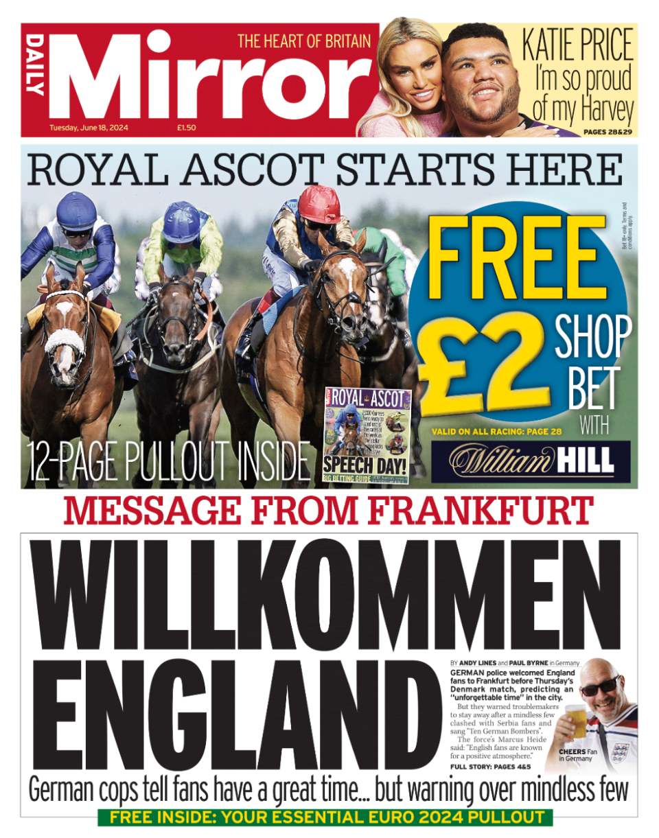 The front page of the Daily Mirror, with a headline that reads "Willkommen England"