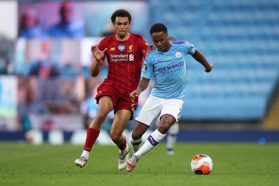 Raheem Sterling (right) scored twice as Manchester City hammered Liverpool. (Photo by Robbie Jay Barratt - AMA/Getty Images)