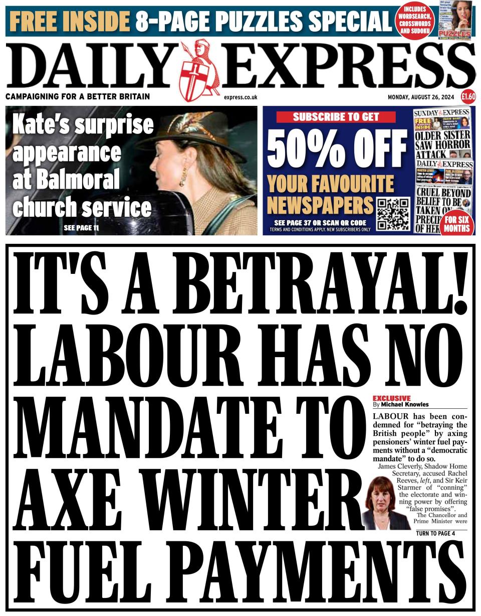 Shadow Home Secretary James Cleverly has accused Labour of "to light up" voters by scrapping winter fuel payments for pensioners, the Daily Express reports. 