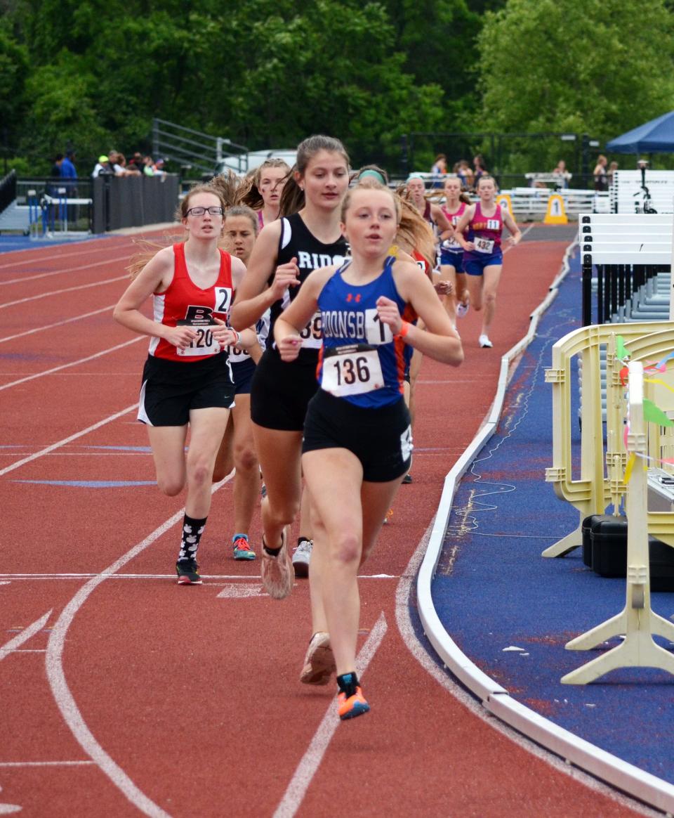 Boonsboro's Caroline Matthews leads the Class 1A girls 3,200-meter run after the first lap. Matthews won the race in 11:24.10.