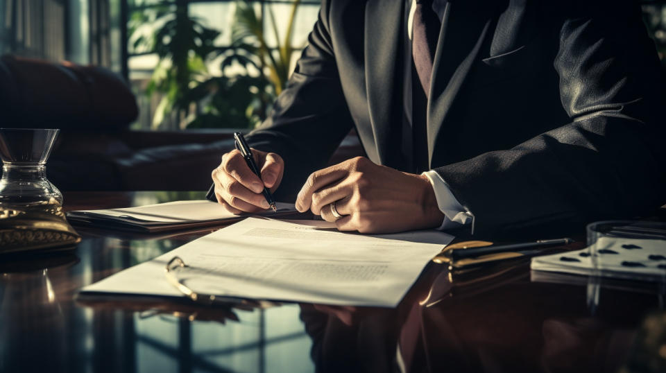 A closeup of a specialist in a suit preparing to finalise an insurance policy.