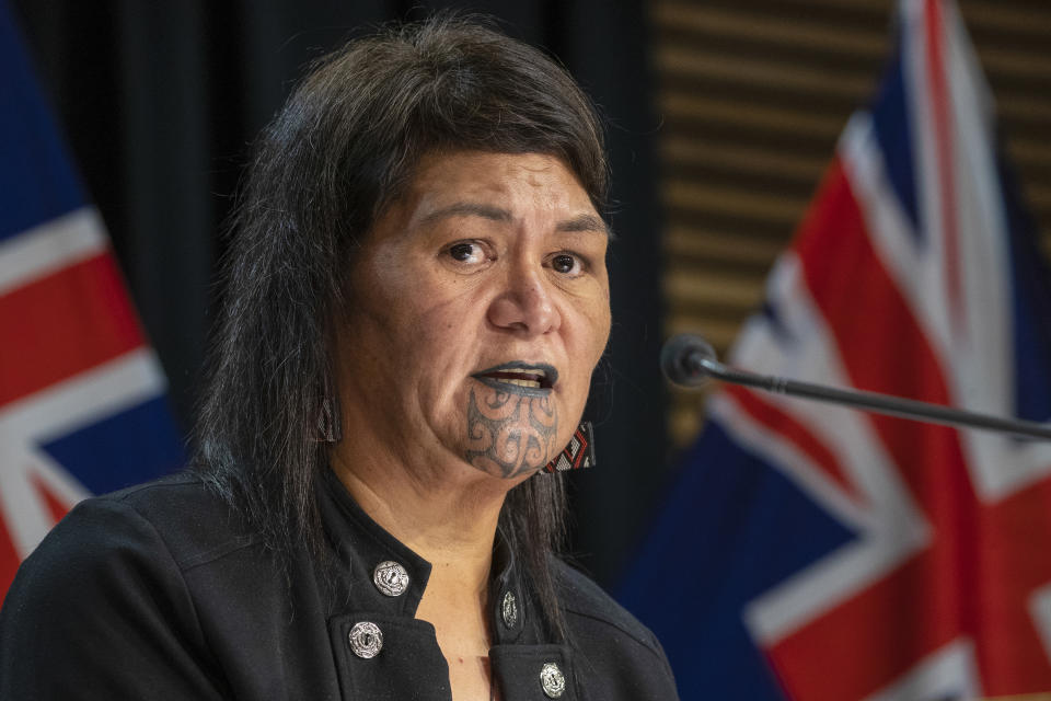 FILE - New Zealand Foreign Affairs Minister Nanaia Mahuta speak during the post-Cabinet press conference in Wellington, New Zealand, Monday, March 7, 2022. Exclusive documents obtained by The Associated Press show that New Zealand tax payers could bear the cost of millions of dollars to monitor the treatment of a soon to be extradited murder suspect to Shanghai. (Mark Mitchell/Pool Photo via AP)