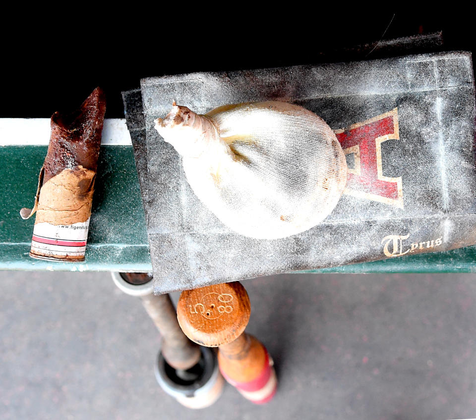 ANAHEIM, CA - AUGUST 12:  The rosin bag and pin tar rag for the Los Angeles Angels of Anaheim sits in the dugout for the game against the Oakland Athletics on August 12, 2018 in Anaheim, California.  (Photo by Jayne Kamin-Oncea/Getty Images)