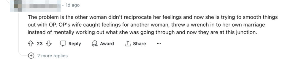 A Reddit comment discussing how one woman didn't reciprocate feelings, leading to complications in OP's marriage. Section showing 23 upvotes, award, reply, and share options