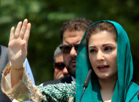 FILE PHOTO: Maryam Nawaz, the daughter of Pakistan's Prime Minister Nawaz Sharif gestures as she speaks to media after appearing before a Joint Investigation Team (JIT) who is investigating Sharif family's wealth in Islamabad, Pakistan July 5, 2017. REUTERS/Faisal Mahmood/File Photo