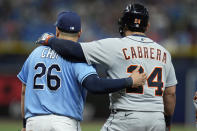 Detroit Tigers' Miguel Cabrera (24) hugs Tampa Bay Rays first baseman Ji-Man Choi (26) after his single off pitcher Corey Kluber during the fourth inning of a baseball game Monday, May 16, 2022, in St. Petersburg, Fla. (AP Photo/Chris O'Meara)