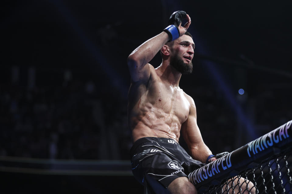 JACKSONVILLE, FLORIDA - APRIL 09: Khamzat Chimaev of Russia reacts after defeating Gilbert Burns of Brazil in the welterweight bout during the UFC 273 event at VyStar Veterans Memorial Arena on April 09, 2022 in Jacksonville, Florida. (Photo by James Gilbert/Getty Images)