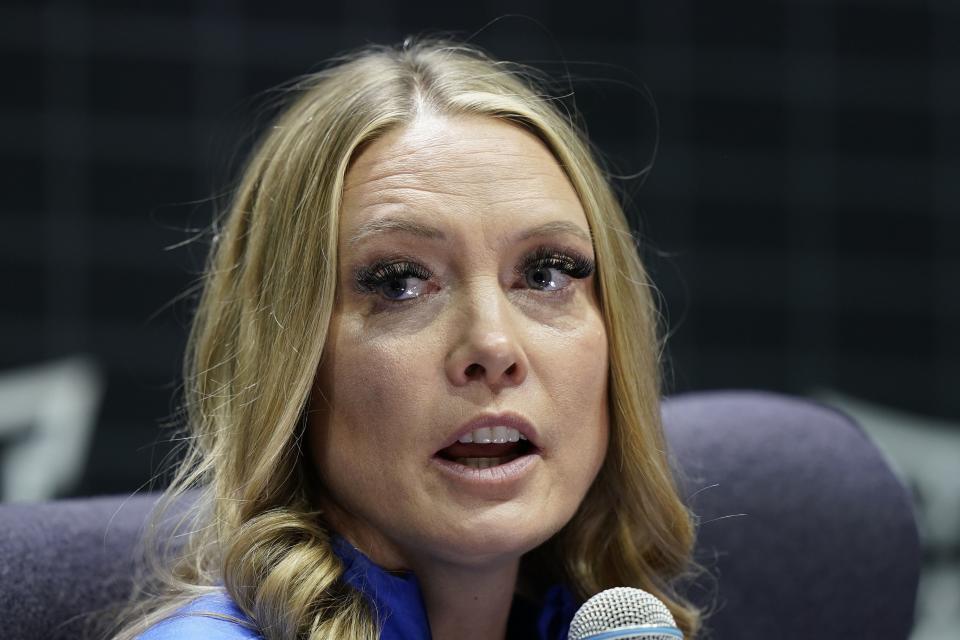 BYU coach Amber Whiting addresses the media during Big 12 women’s basketball media day Tuesday, Oct. 17, 2023, in Kansas City, Mo. | Charlie Riedel, Associated Press