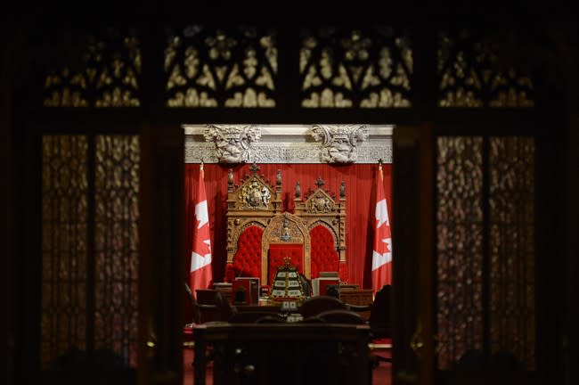 The Senate chamber is seen ahead of question period on Parliament Hill in Ottawa on Thursday, Oct. 24, 2013. The Conservatives in the Senate have given notice of their intent to bring the proposed suspension of three former Tories to a vote as early as Tuesday. THE CANADIAN PRESS/Adrian Wyld