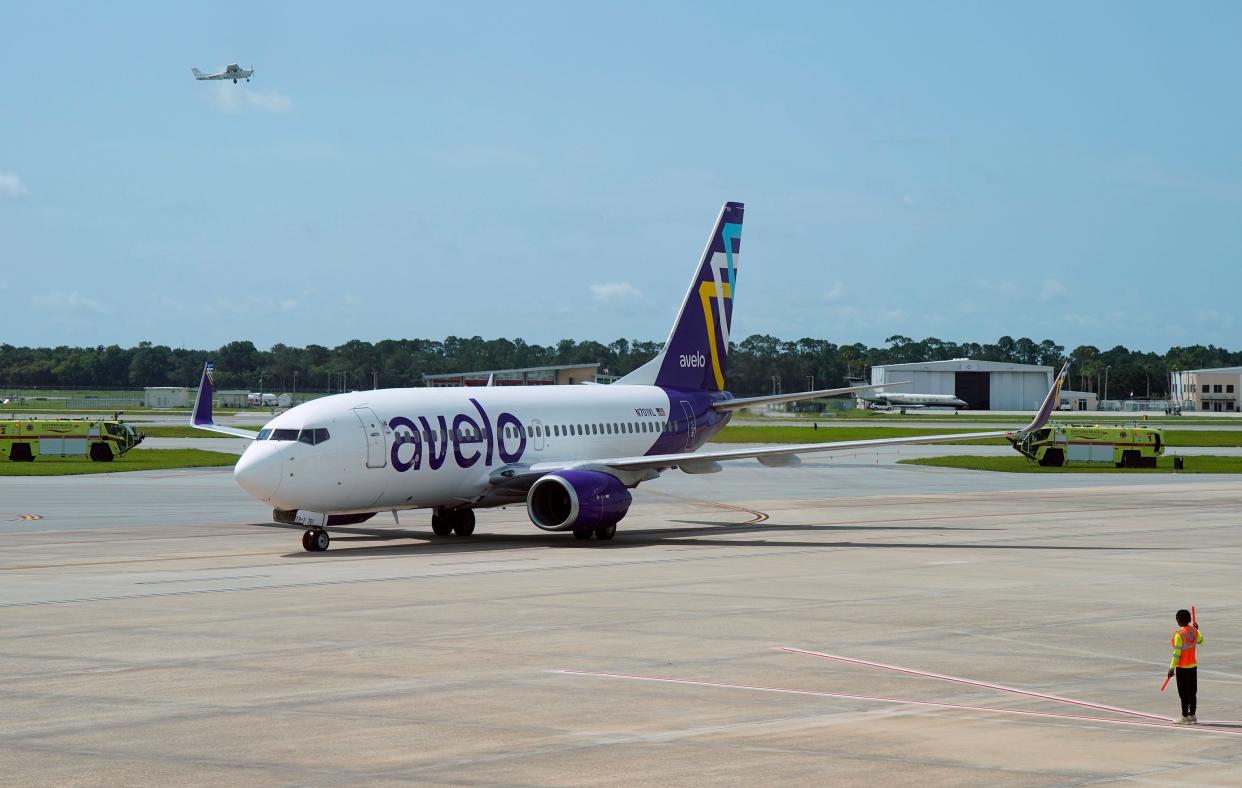 The first incoming flight by Avelo Airlines to Daytona Beach International Airport from New Haven, Connecticut, taxis towards the main terminal on Thursday, June 22, 2023.