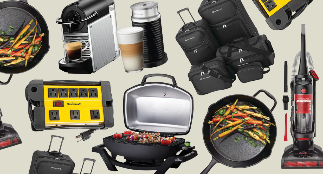 canadian tire, collage of canadian tire products on sale: nespresso, frying pan, hoover vacuum, portable bbq grill, power bar, suitcase luggage set