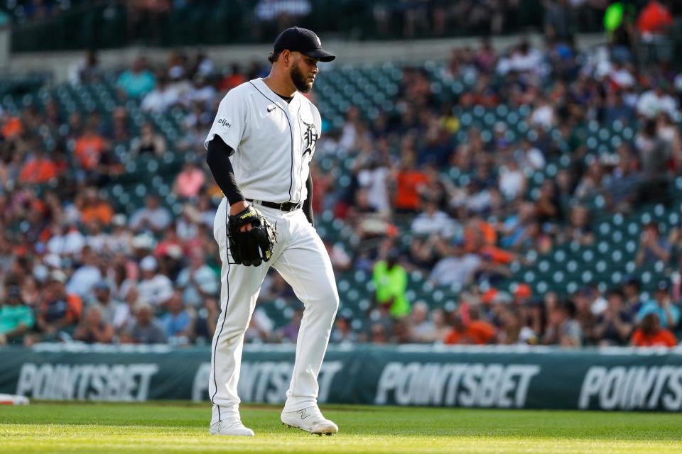 Detroit Tigers pitcher Eduardo Rodriguez (57) walks off the field after pitching the second inning against the Oakland Athletics at Comerica Park in Detroit on Wednesday, July 5, 2023.