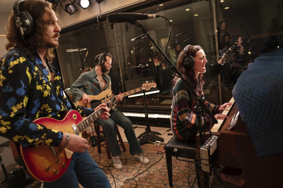 This image released by O&M/DKC shows the musicians during a performance of "Stereophonic" on Broadway, in New York, March, 28, 2024. (Julieta Cervantes/O&M/DKC via AP)