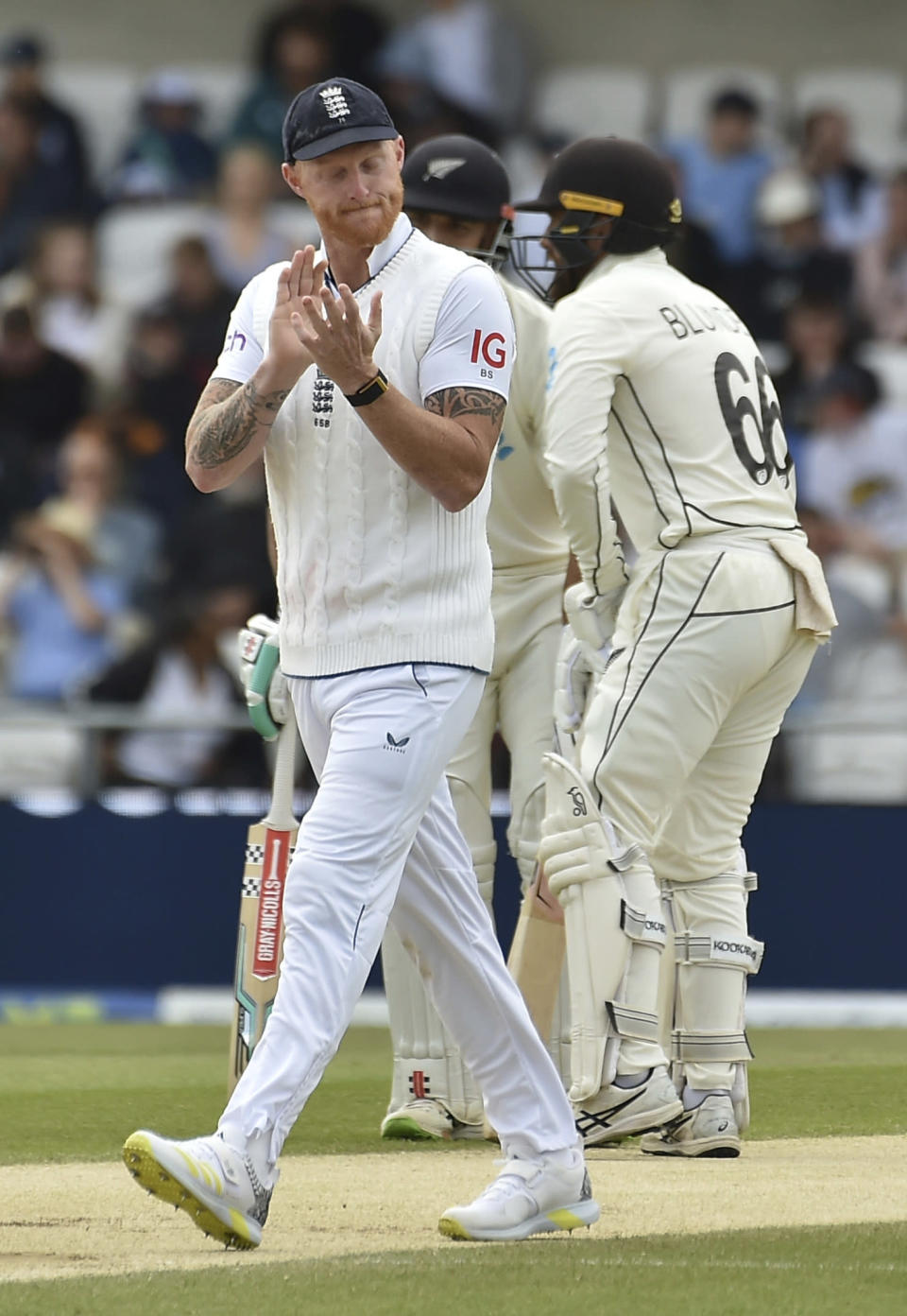 England's Ben Stokes reacts after a play during the fourth day of the third cricket test match between England and New Zealand at Headingley in Leeds, England, Sunday, June 26, 2022. (AP Photo/Rui Vieira)