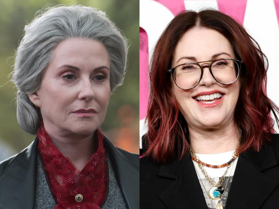 left: alecto, a severe woman with a red shirt and grey hair in percy jackson; right: megan mullally wearing a pair of glasses and smiling widely