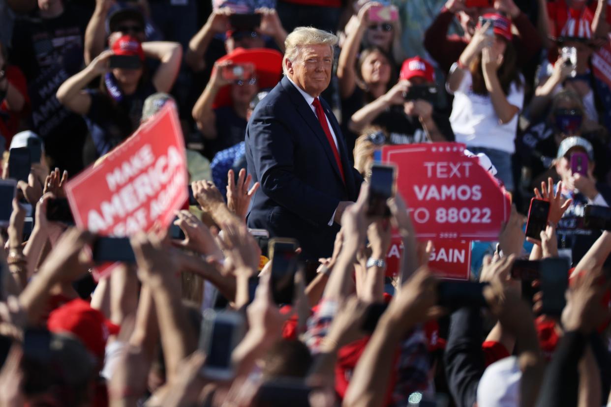 U.S. President Donald Trump arrives for a campaign rally at Phoenix Goodyear Airport October 28, 2020 in Goodyear, Arizona. With less than a week until Election Day, Trump and his opponent, Democratic presidential nominee Joe Biden, are campaigning across the country. (Photo by Chip Somodevilla/Getty Images) (Getty Images)