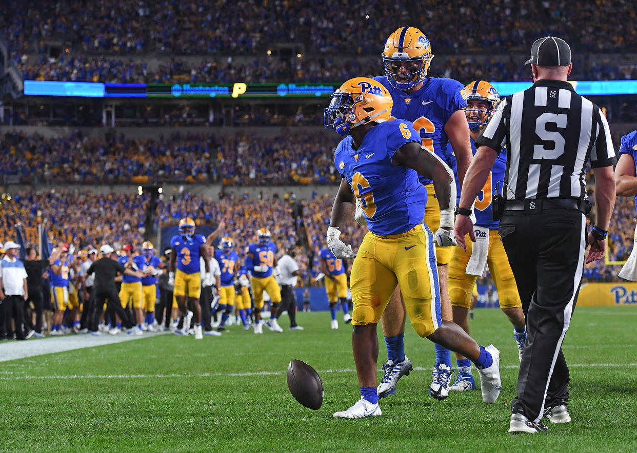 PITTSBURGH, PA - SEPTEMBER 01: Rodney Hammond Jr. #6 of the Pittsburgh Panthers celebrates after rushing for a 6-yard touchdown in the second quarter during the game against the West Virginia Mountaineers at Acrisure Stadium on September 1, 2022 in Pittsburgh, Pennsylvania. (Photo by Justin Berl/Getty Images)