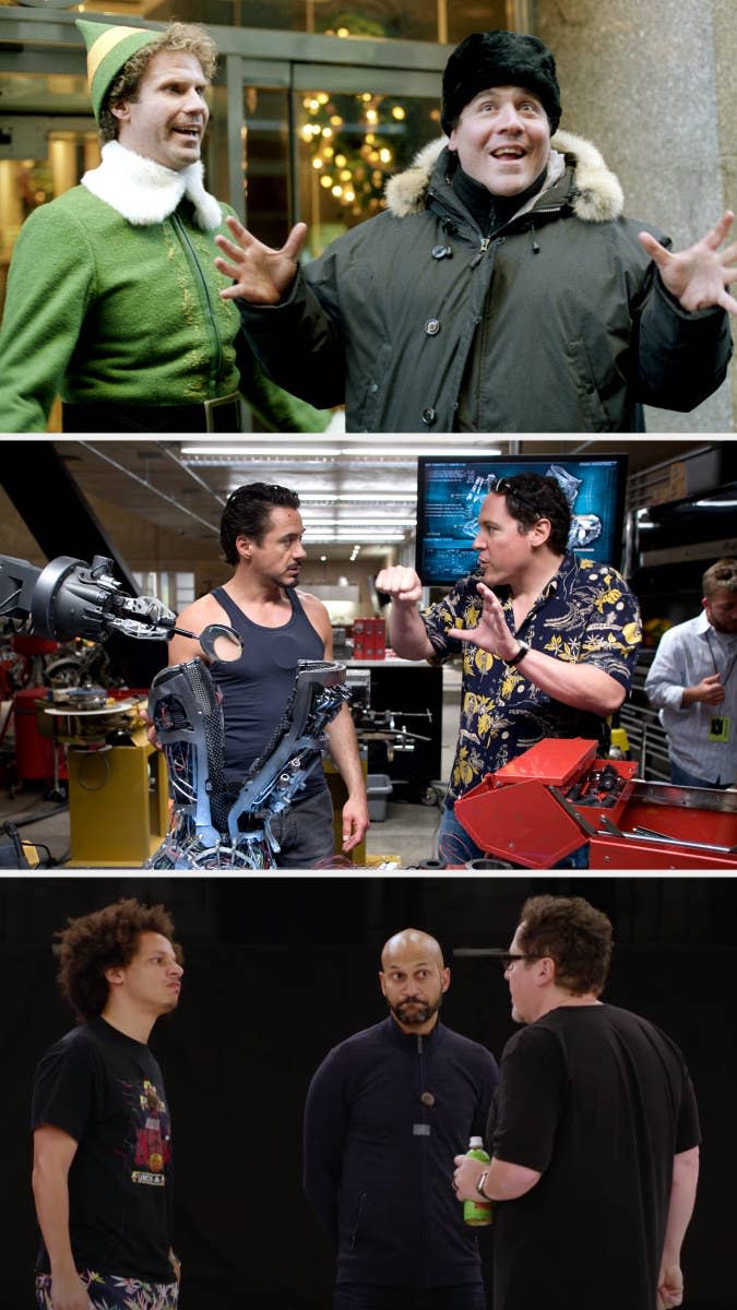 Jon Favreau directing Will Ferrell in "Elf;" Favreau directing Robert Downey Jr. in "Iron Man;" Favreau directing Keegan-Michael Key and Eric Andre in "The Lion King"