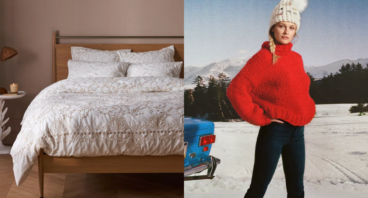 split screen of anthropologie duvet and bedding and model wearing red sweater, black pants and white toque