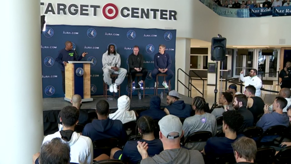 <div>Minnesota Timberwolves' Reid answers questions on Thursday in the Target Center atrium in front of fans and media.</div> <strong>(FOX 9)</strong>