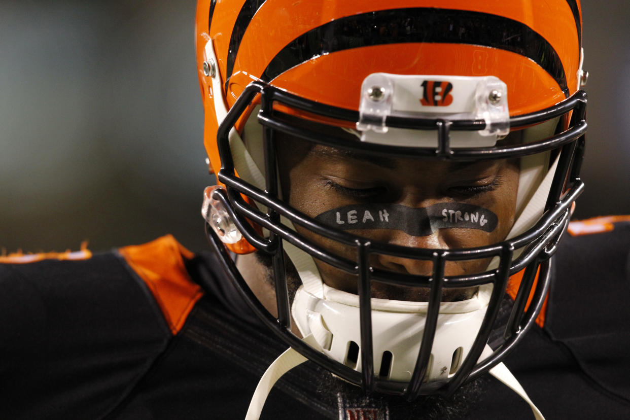 Former Cincinnati Bengals player Devon Still showed his support for the cancer fight of his 4-year-old daughter, Leah, by having her name on his face tape during warm-up before a game against the Cleveland Browns in November 2014. Leah is now entering her third year in remission. (Photo: John Sommers/Icon Sportswire/Corbis via Getty Images)