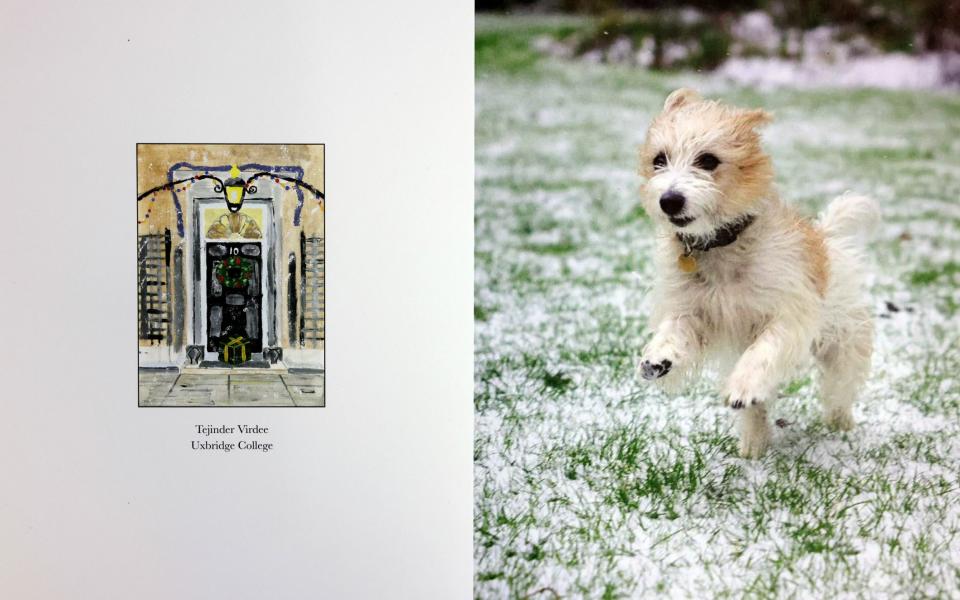 Tejinder Virdee's watercolour and acrylic drawing of Number 10's door is on the back of the card, with Dilyn the dog adorning the front - Pippa Fowles/Number 10 Downing Street