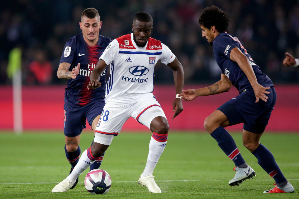 Tanguy Ndombele on the ball doing Lyon’s clash with PSG